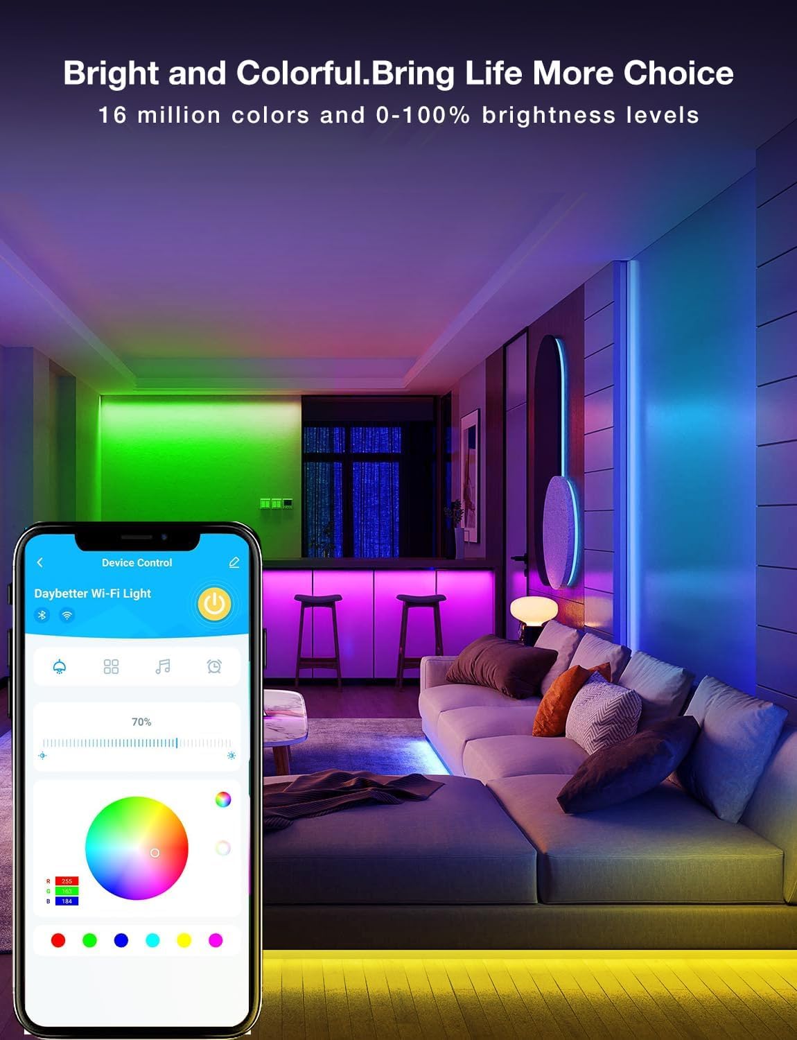 DAYBETTER led-strip-color-changing-16-million-colors ideal for mood lighting.