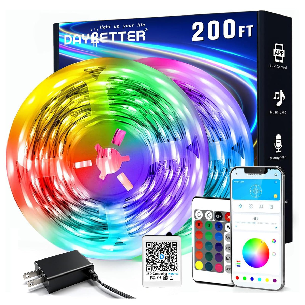 Daybetter LED strip lights in a cozy bedroom ambience with vivid RGB colors for ambient relaxation