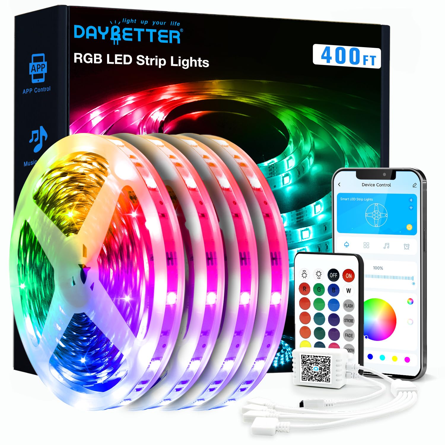 DAYBETTER LED strip lights brighten a room with vibrant RGB colors on the wall.