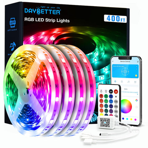 DAYBETTER LED strip lights brighten a room with vibrant RGB colors on the wall.