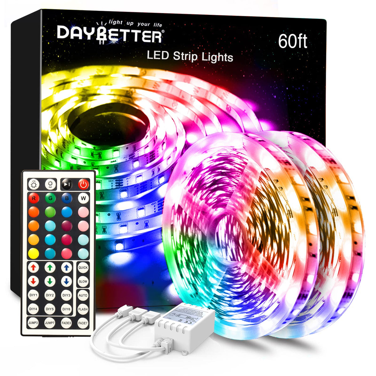 DAYBETTER LED strip lights show color-changing effects for vibrant room illumination.