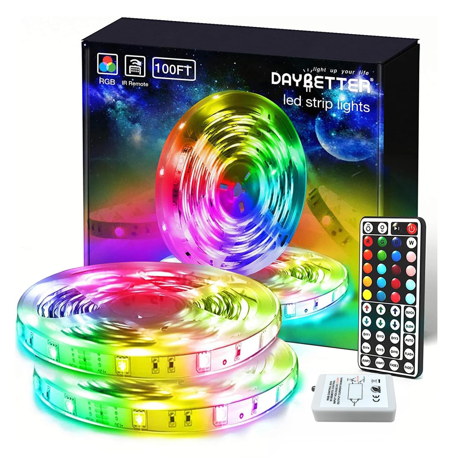 DAYBETTER LED strip on bedroom ceiling creates cozy ambience with 100 ft length