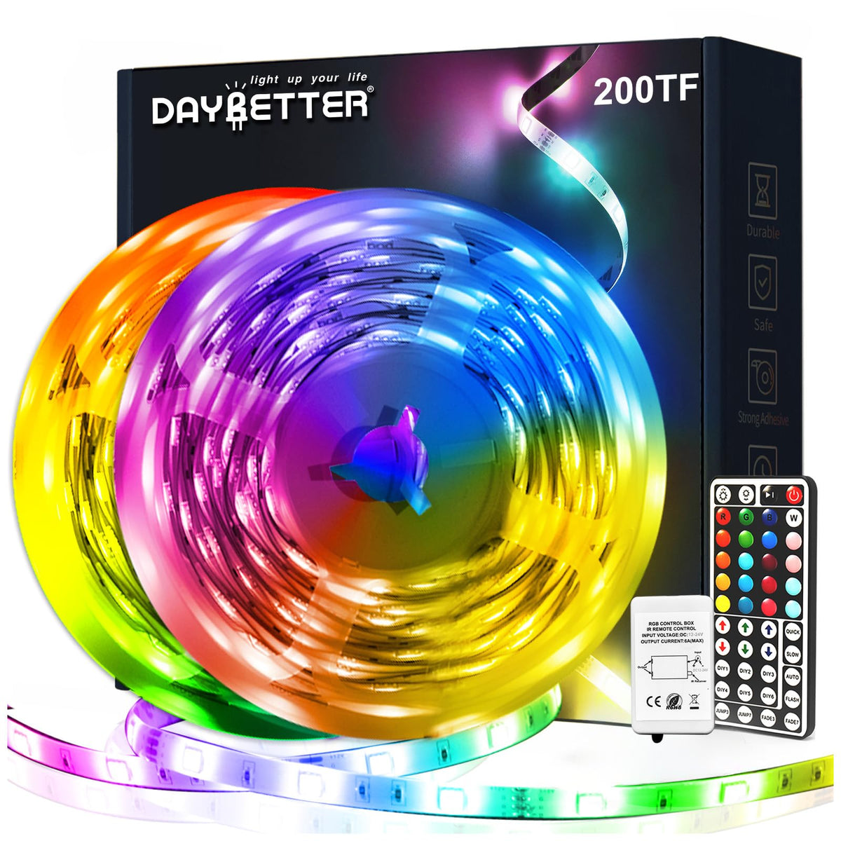 DAYBETTER LED strip lights front view with two 100ft rolls for flexible mood lighting.