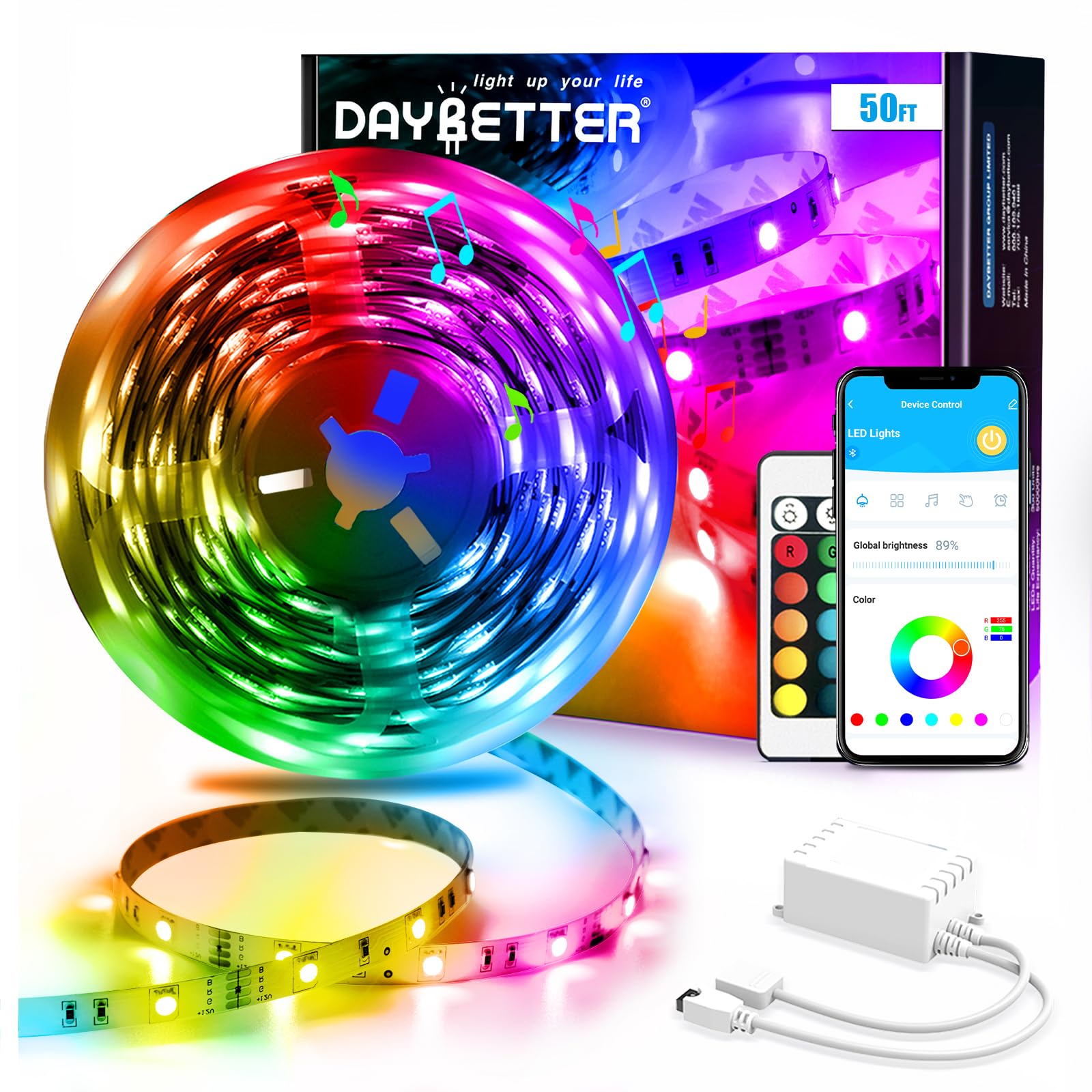 DAYBETTER 50ft LED strip lights with app control for easy color customization