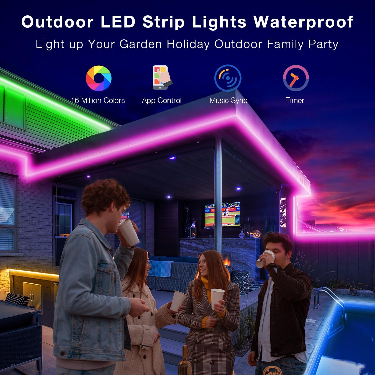DAYBETTER IP67 waterproof lights on patio offering vivid color options rain or shine.