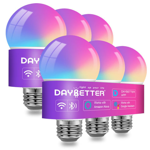 DAYBETTER smart bulbs with voice control work with Alexa and Google Assistant for convenient lighting.