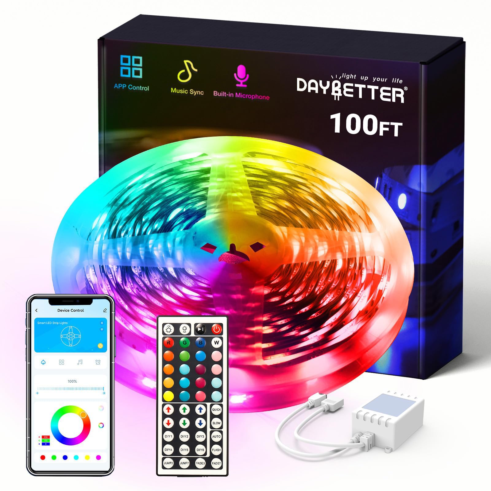 DAYBETTER smart RGB LED strip demonstrates app control for easy color changes.