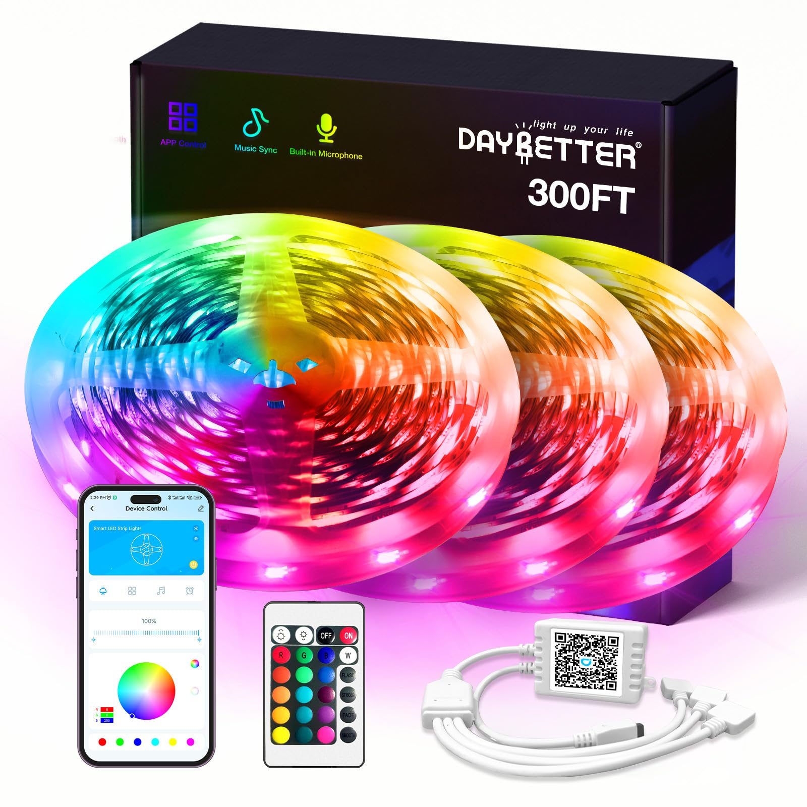 DayBetter smart RGB LED strip lights with app control for easy color and mode changes.