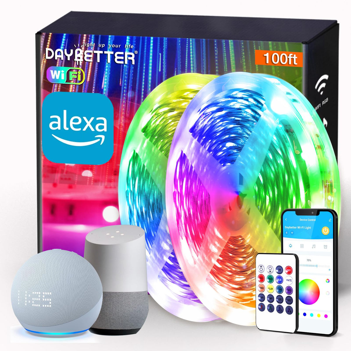 DAYBETTER smart wifi-led-lights 100ft pack offering flexible ambient lighting for any room.