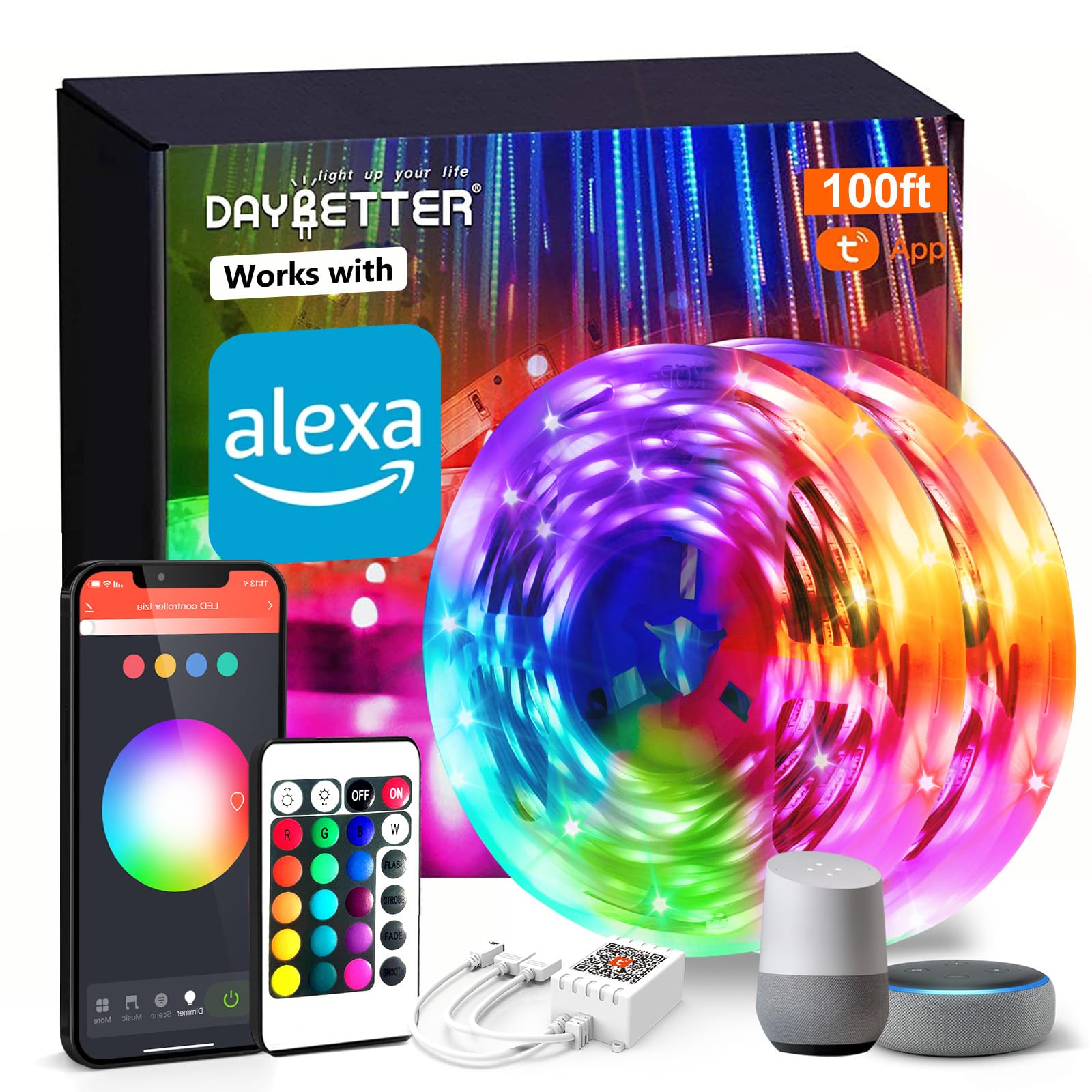 DAYBETTER smart LED strip length 100ft creates inviting room ambience.