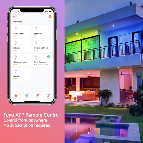 DAYBETTER Tuya app group control for synchronized multi-bulb scenes.