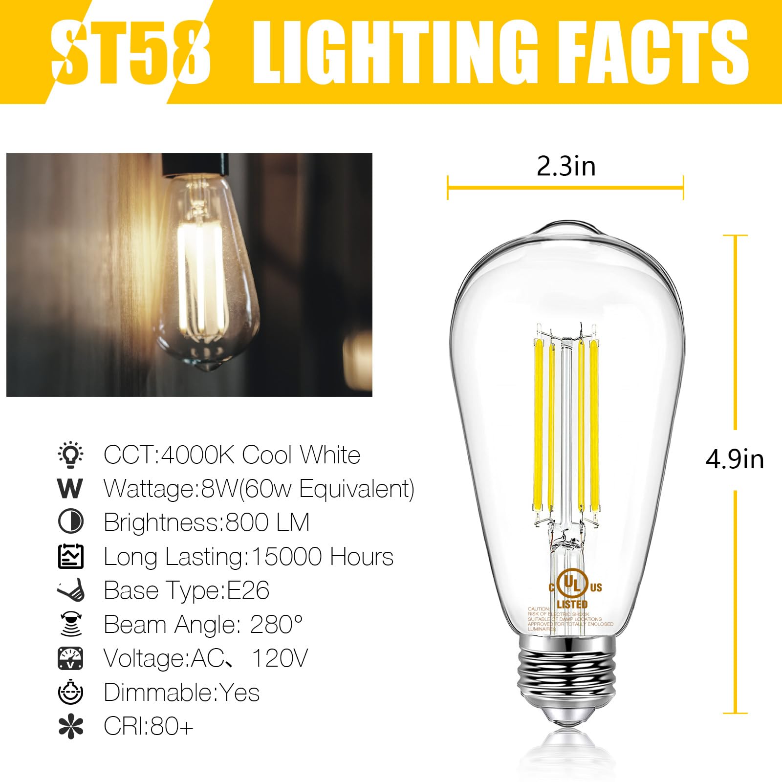 DAYBETTER vintage ST58 filaments glow warmly in chandeliers and wall sconces