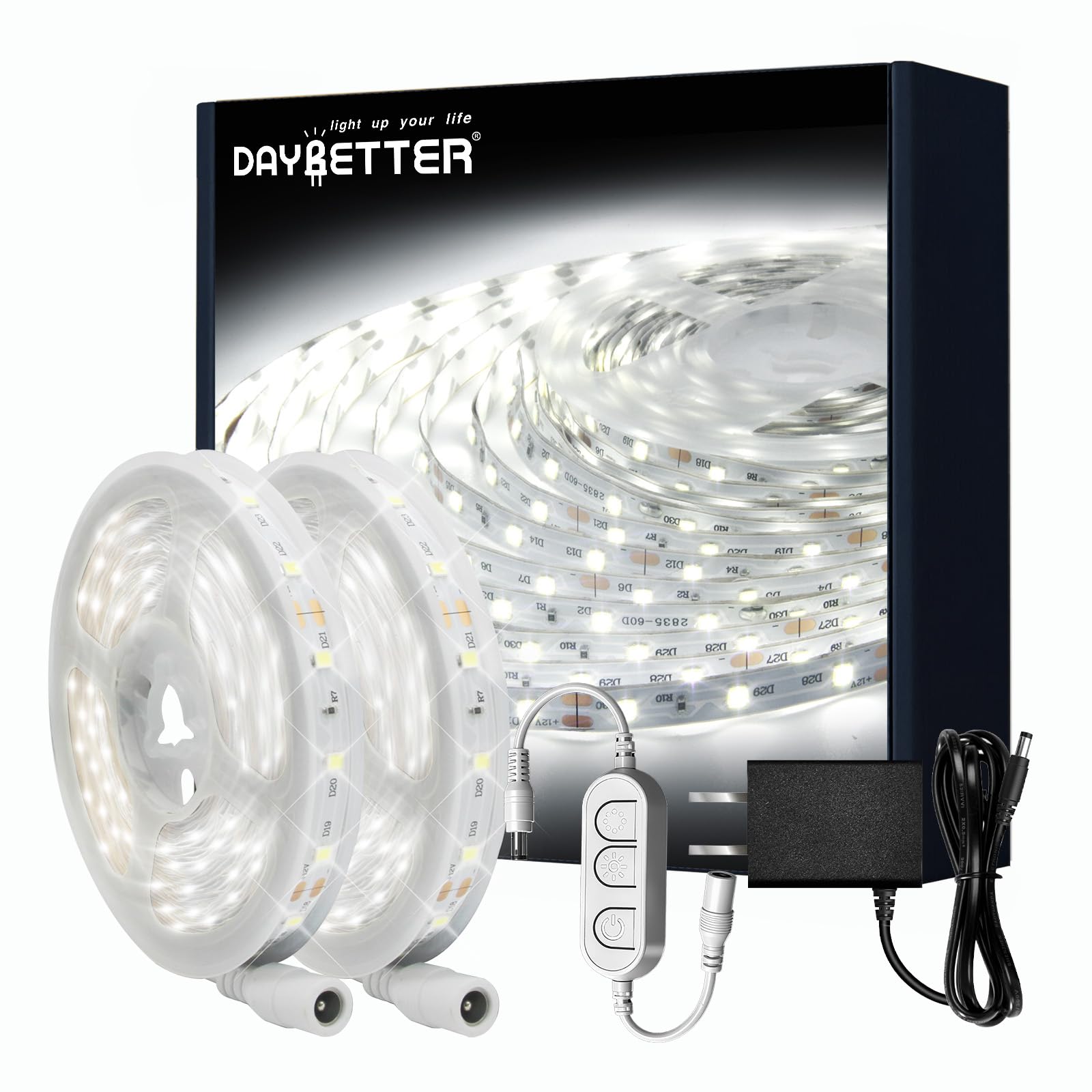 DAYBETTER white LED strip lights illuminate the room with even brightness across 50 ft
