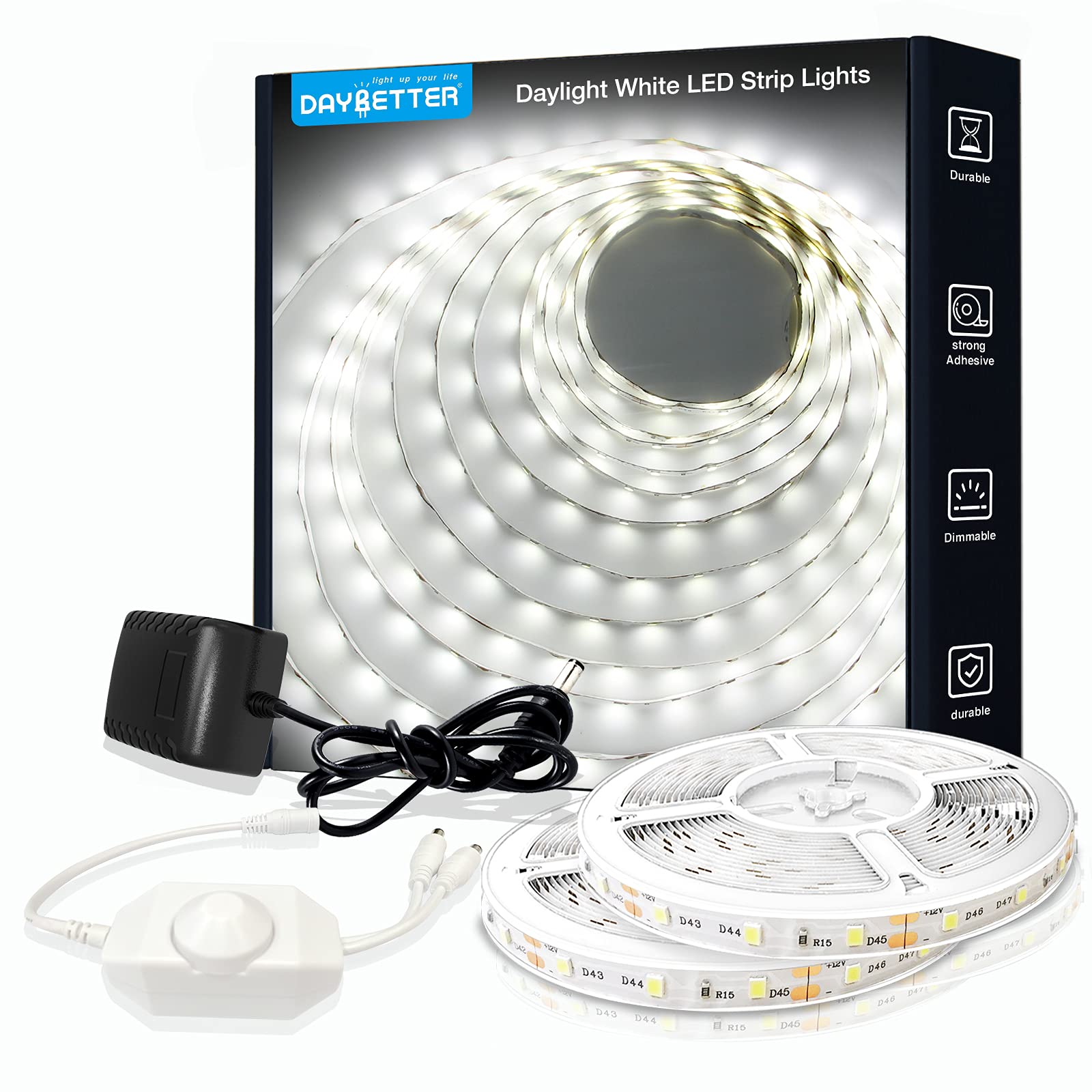 DAYBETTER white LED strip light rolled out across a shelf for bright daylight illumination
