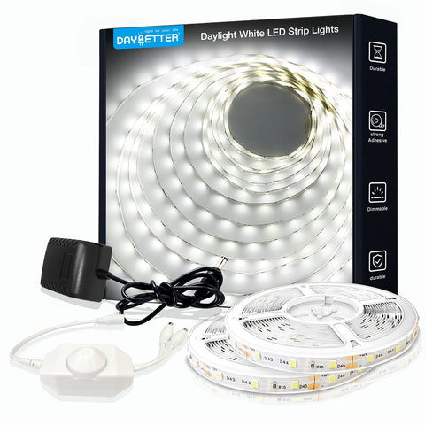 DAYBETTER white LED strip light rolled out across a shelf for bright daylight illumination
