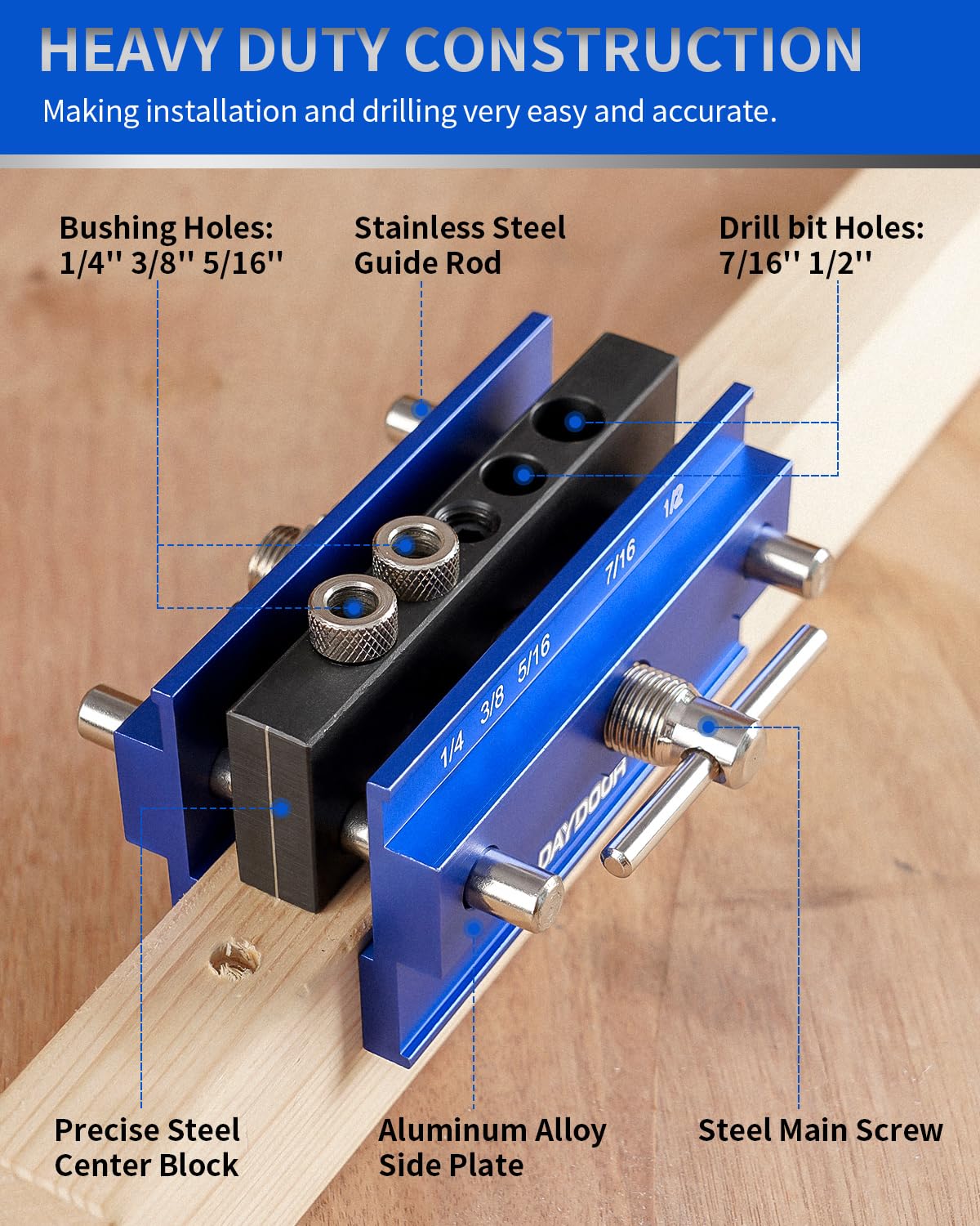 DAYDOOR dowel jig large view window enables precise hole placement