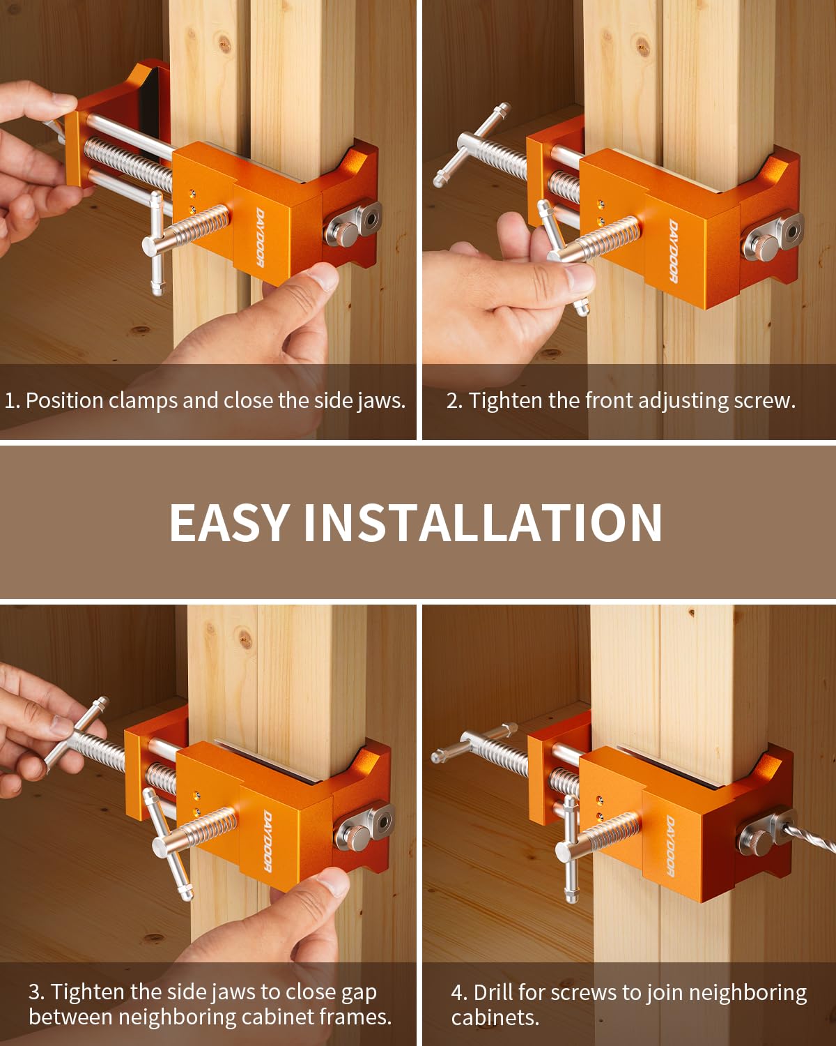 DAYDOOR clamps in use on a face-frame cabinet