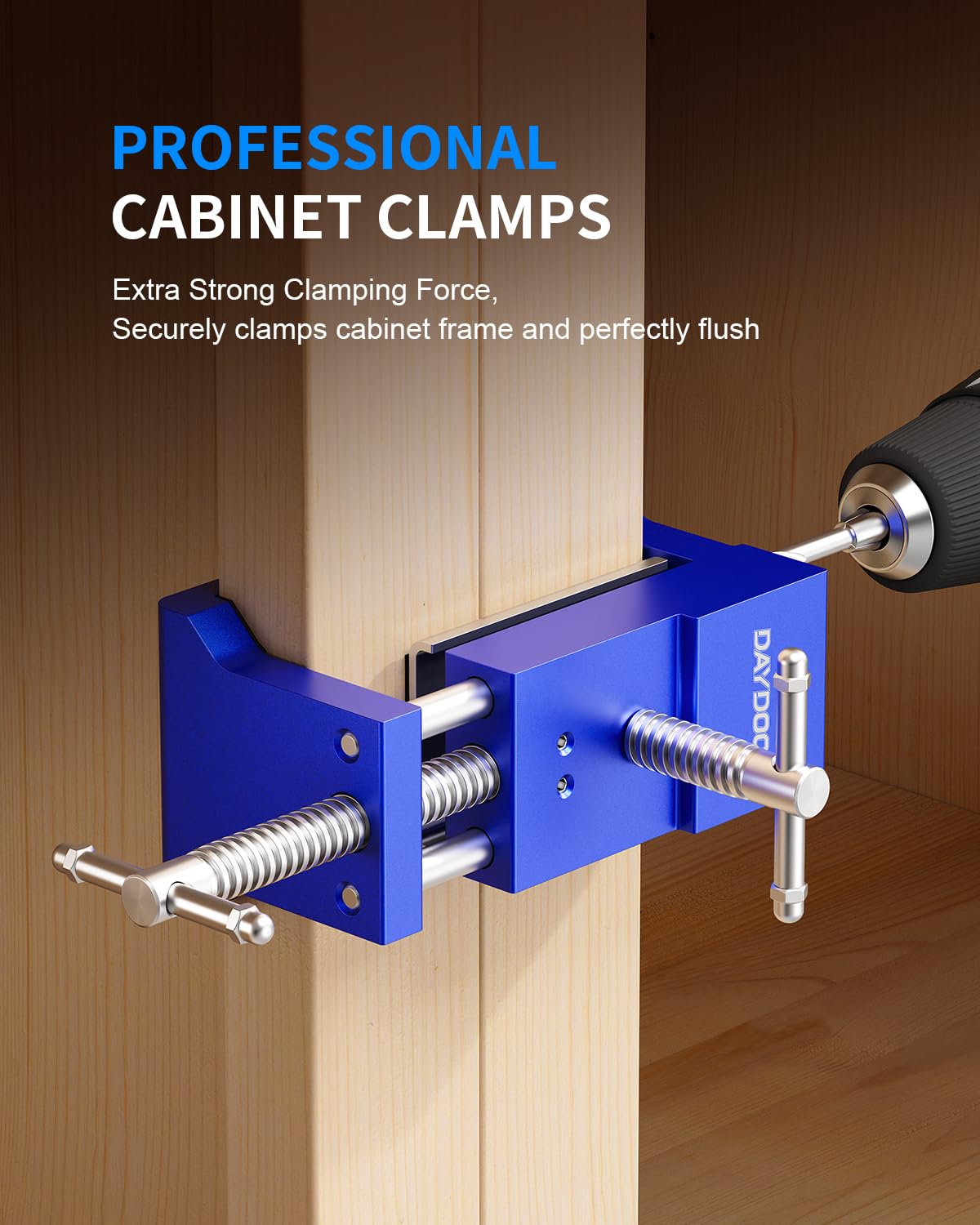 DAYDOOR clamps with integrated drill guide aid precise pilot holes.