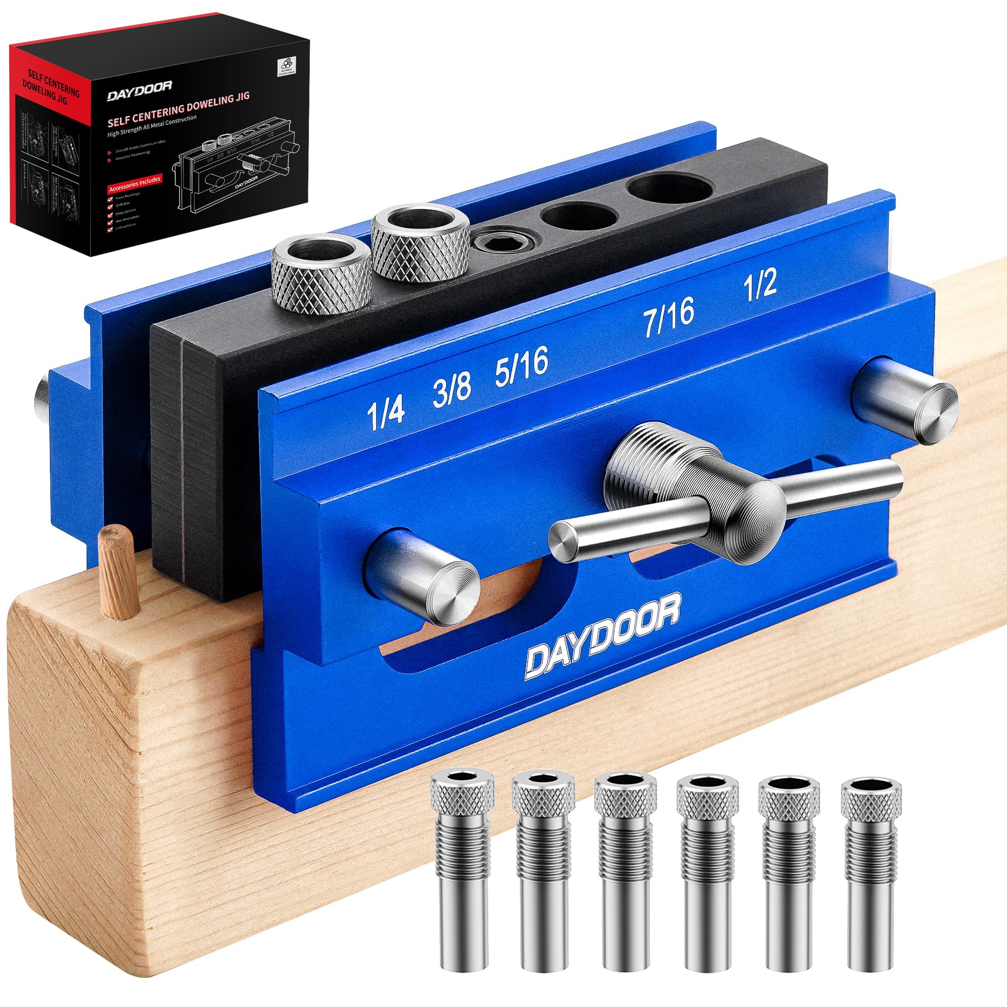 DAYDOOR self-centering dowel jig blue setup aids quick, accurate hole alignment