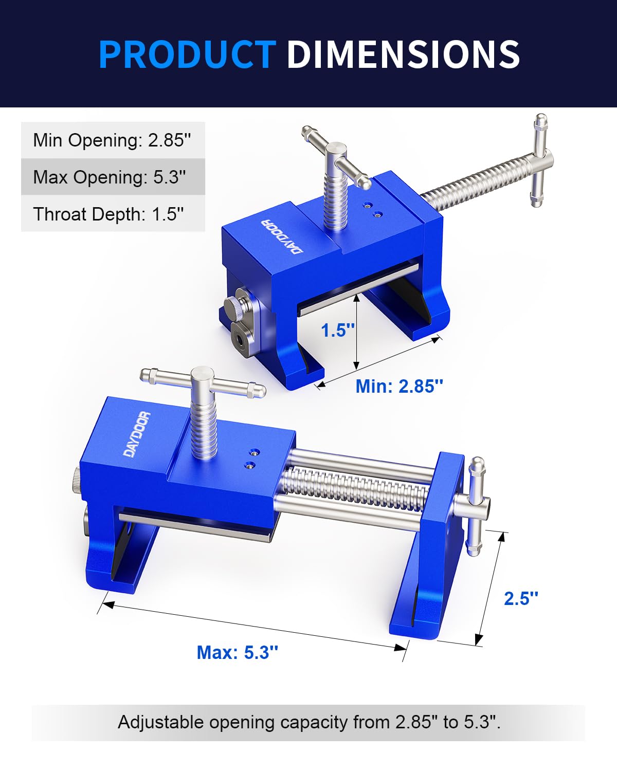 DAYDOOR clamps offer wide opening for varied cabinet sizes.