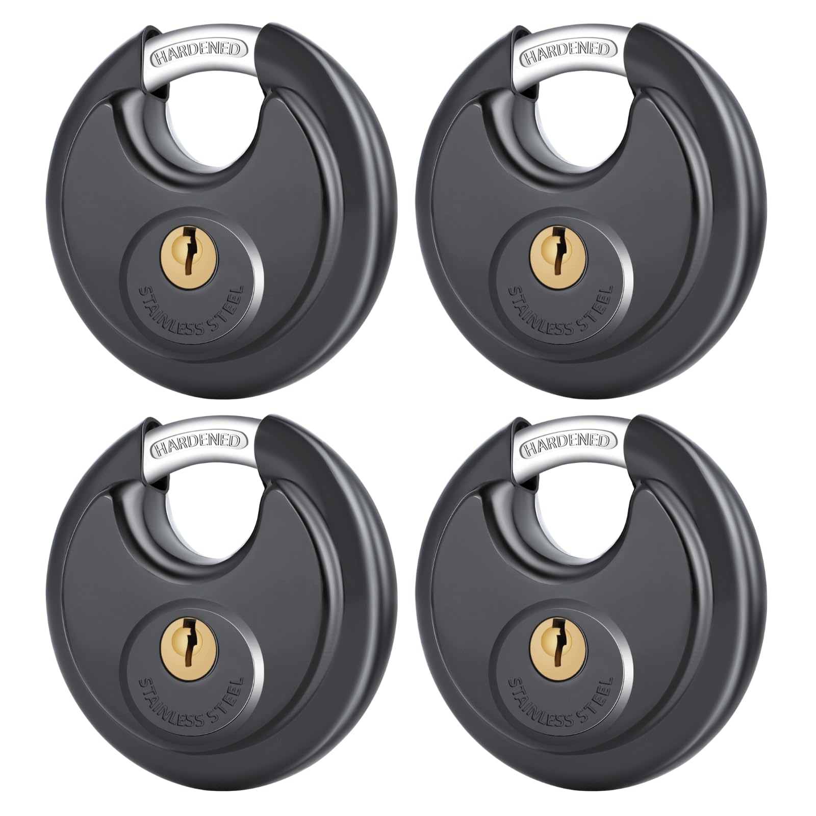 DAYGOS 4-pack black keyed disc padlock front view for secure outdoor storage.