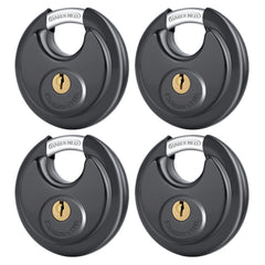 DAYGOS 4-pack black keyed disc padlock front view for secure outdoor storage.