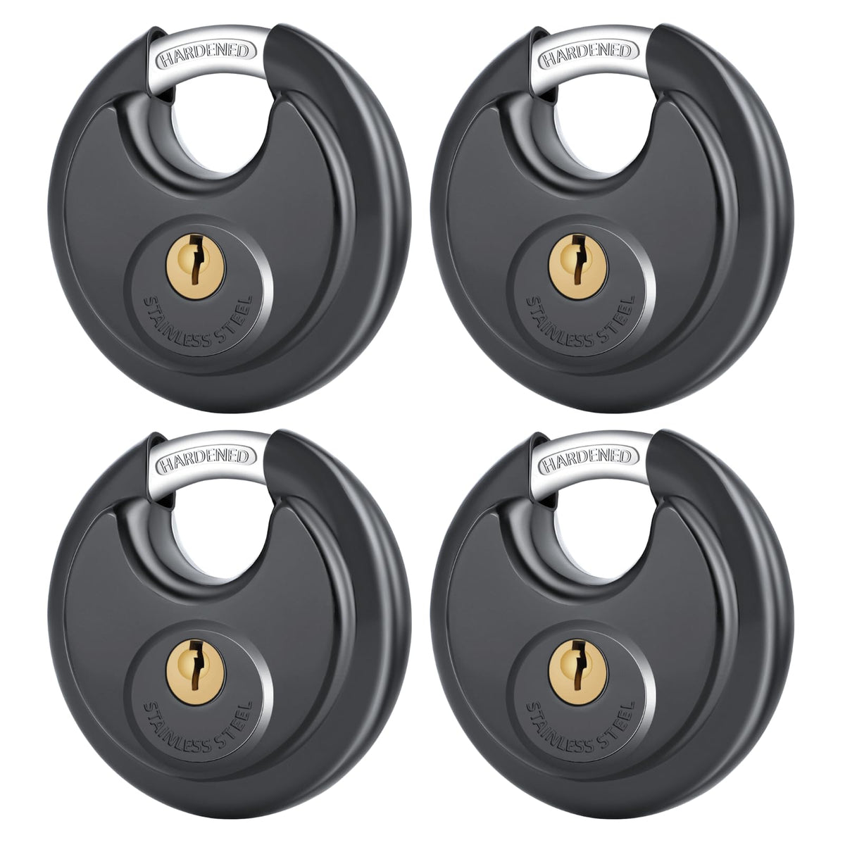 DAYGOS 4-pack black keyed disc padlock front view for secure outdoor storage.