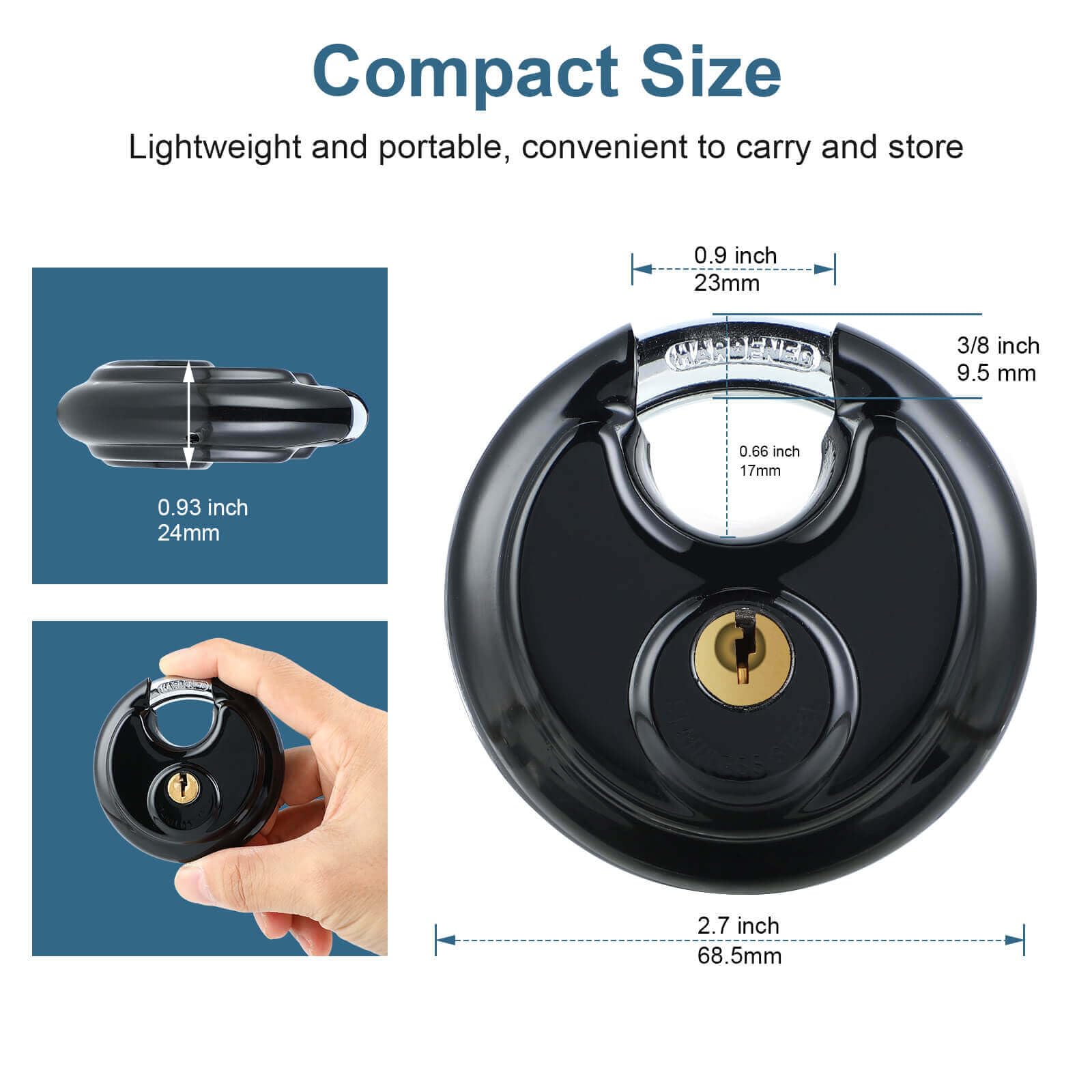 DAYGOS padlock shackle close-up shows 3/8-inch hardened steel strength.