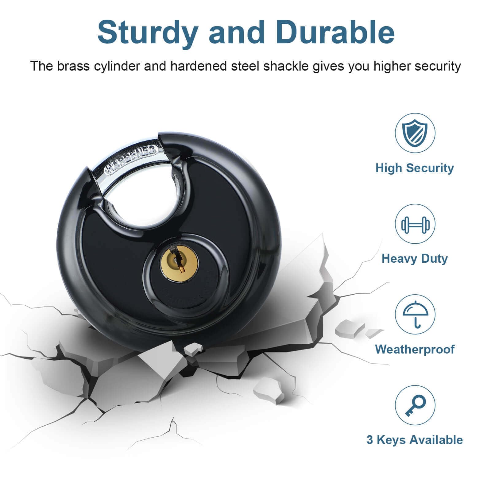DAYGOS discus padlock materials highlight stainless steel and brass durability.