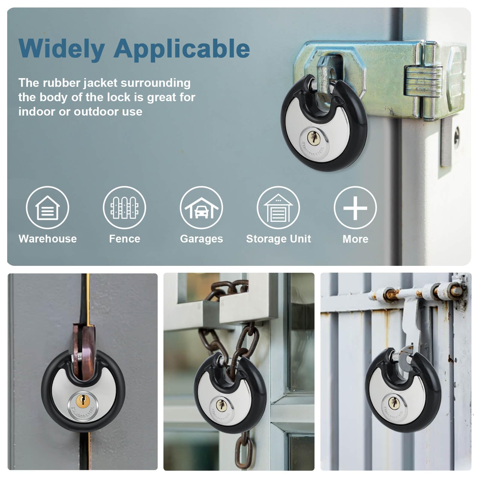 DAYGOS stainless steel 70mm discus lock body highlights weatherproof construction