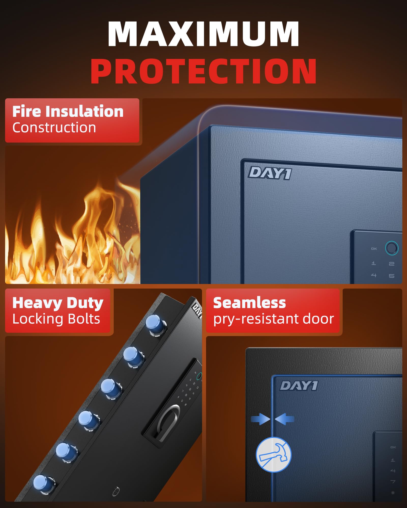 DAYI Fireproof Safe six locking bolts demonstrate strong anti-tamper hardware.