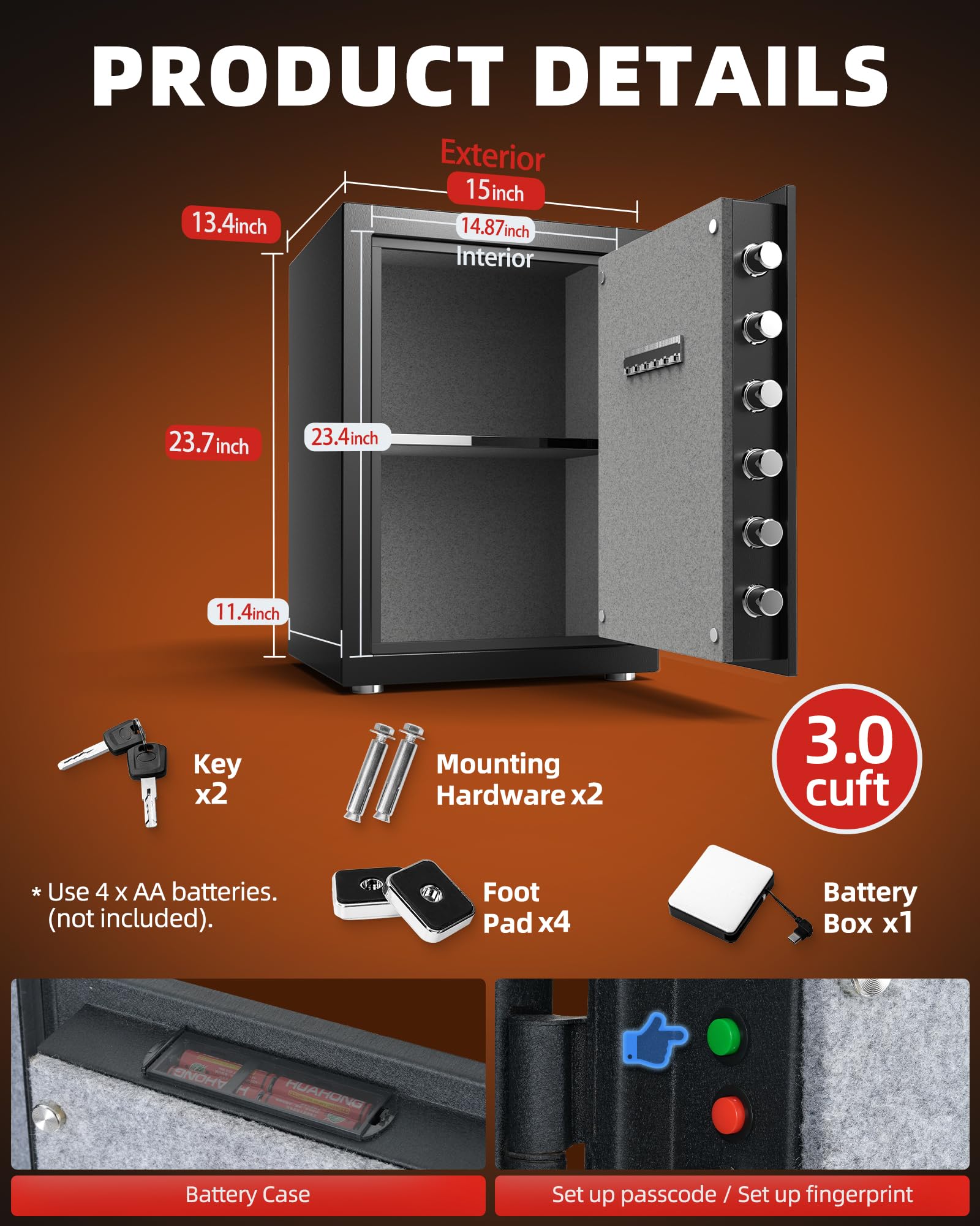 DAYI Fireproof Safe pry-resistant hinge bars deter forced entry.