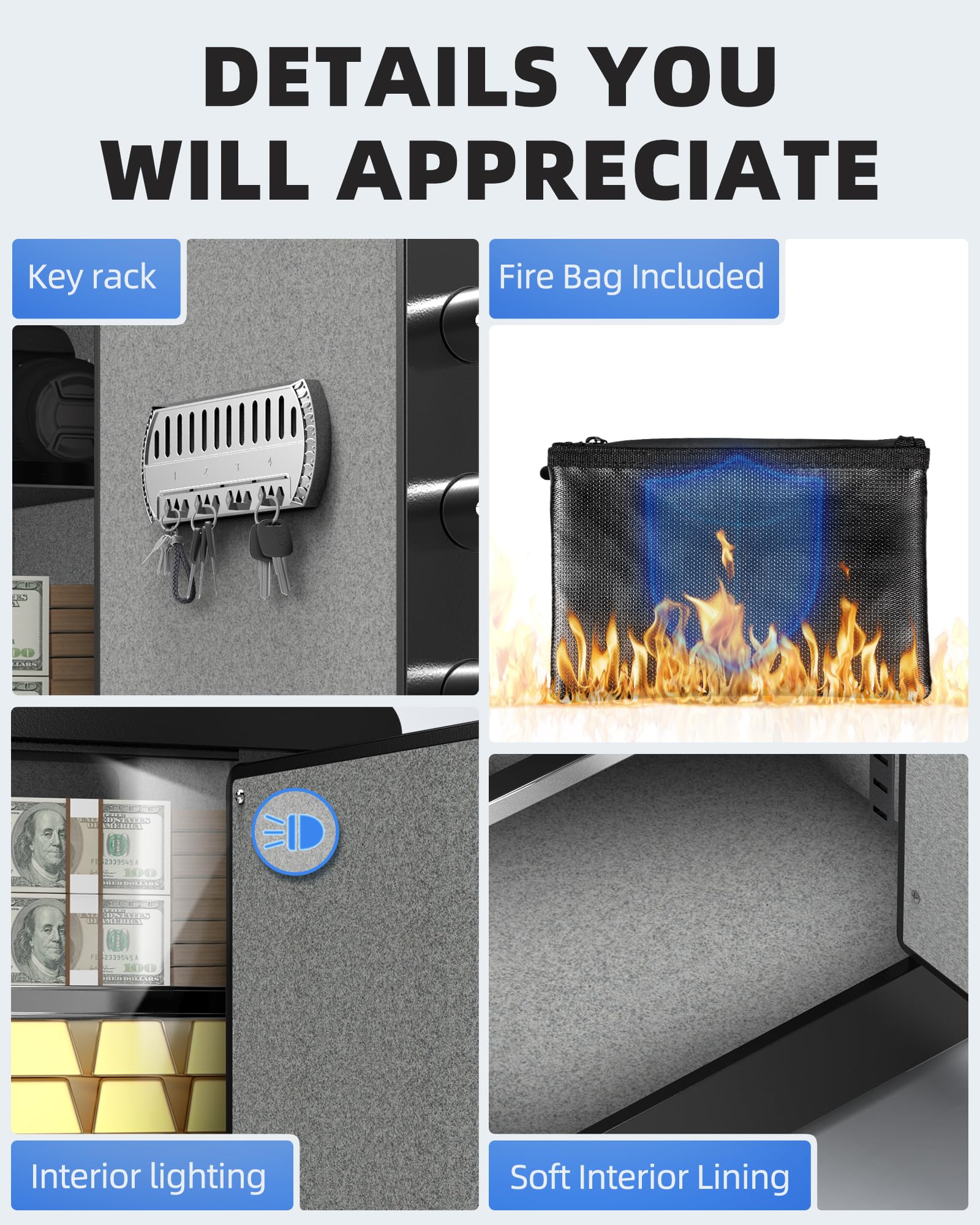 DAYI Safe Box interior organization with removable shelves for flexible storage.