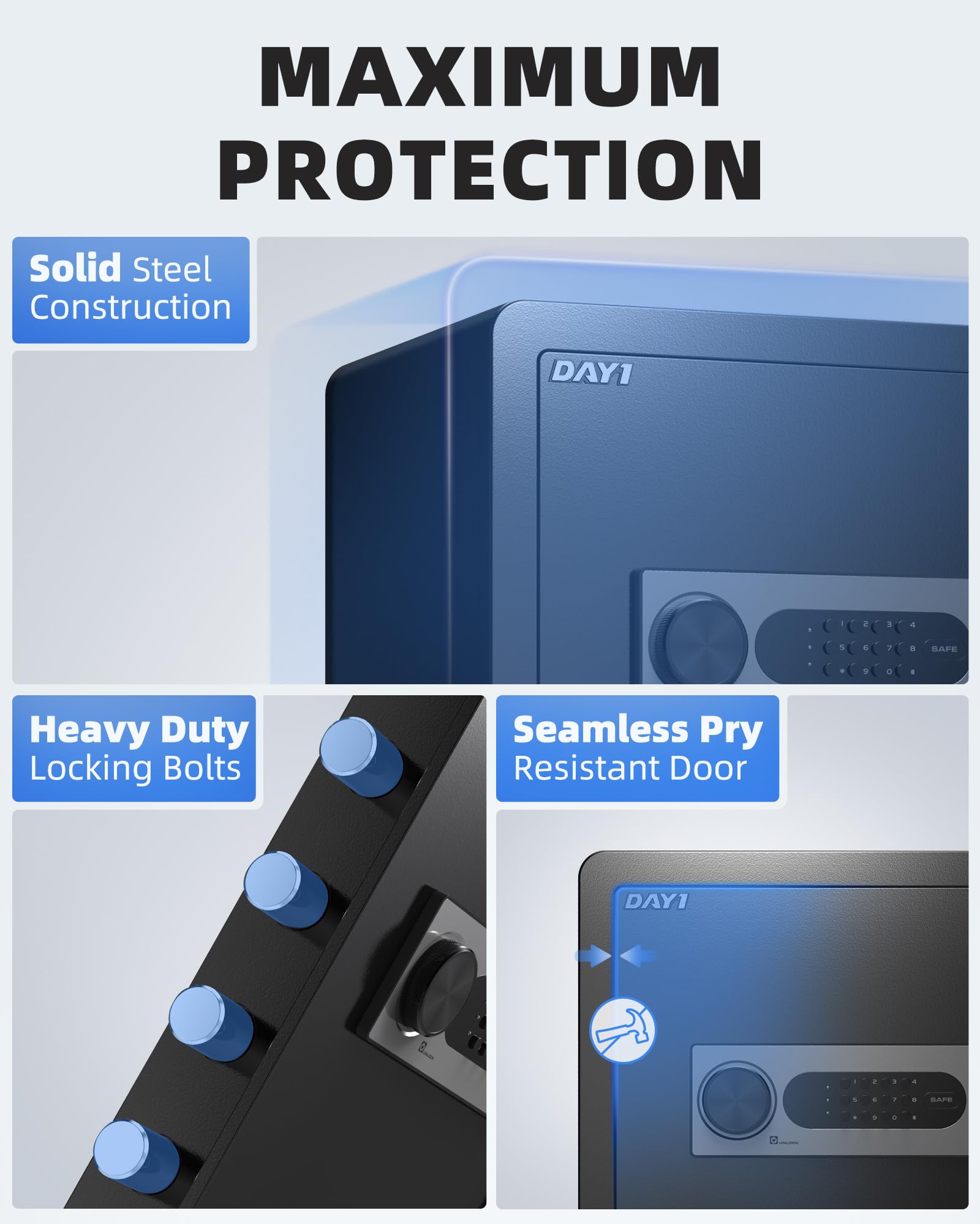 DAYI Safe Box pry-resistant door highlights security against break-ins.