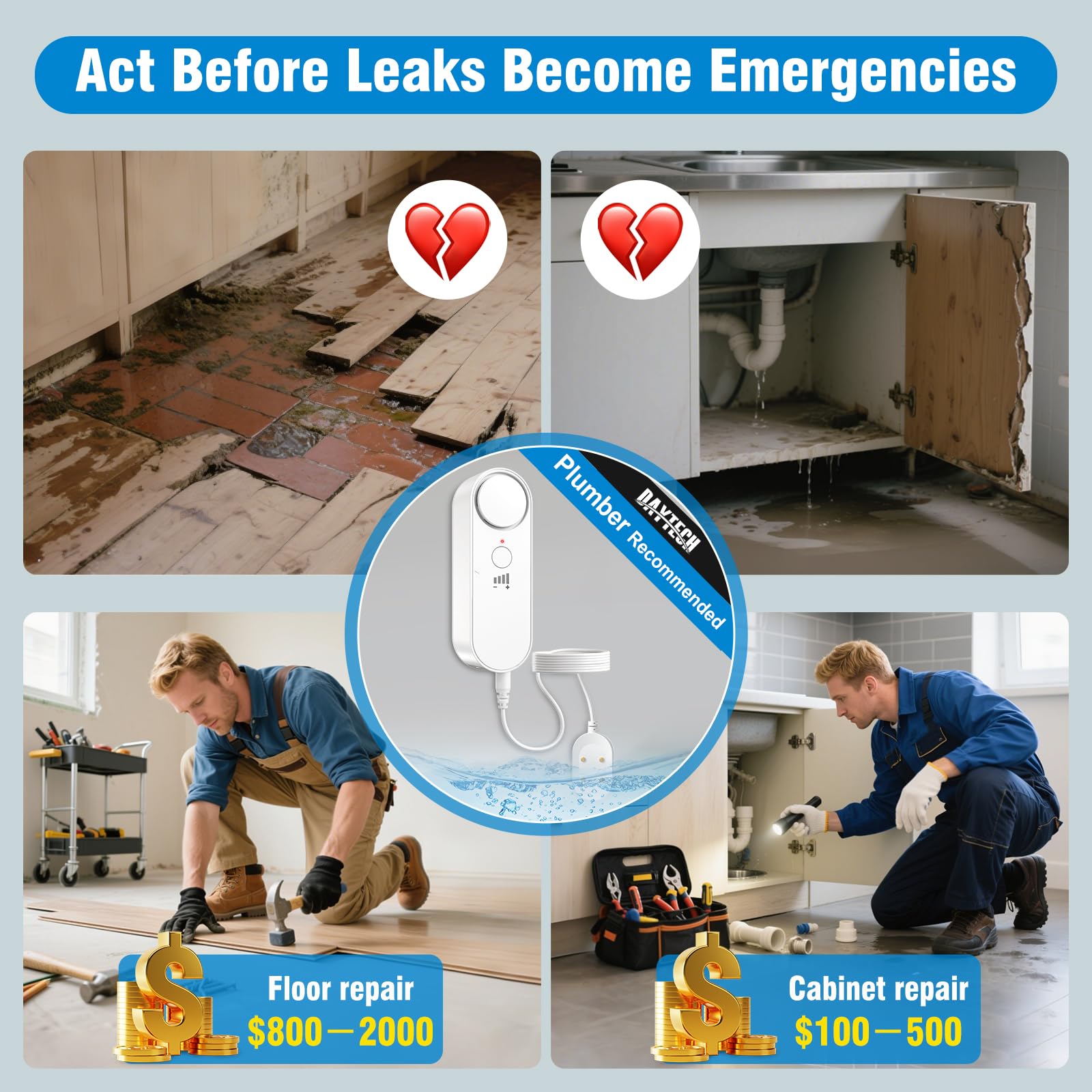 Daytech leak detector placed under washing machine for appliance protection