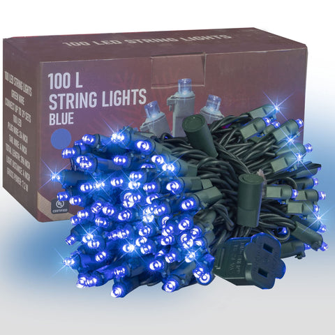 Dazzle Bright 33ft blue LED string lights on green wire for tree decoration.