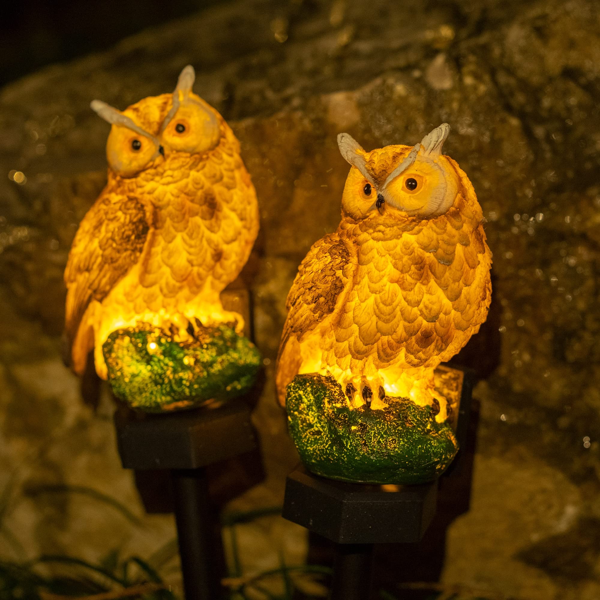 Dazzle Bright owl lights deter birds while adding decorative charm to yard