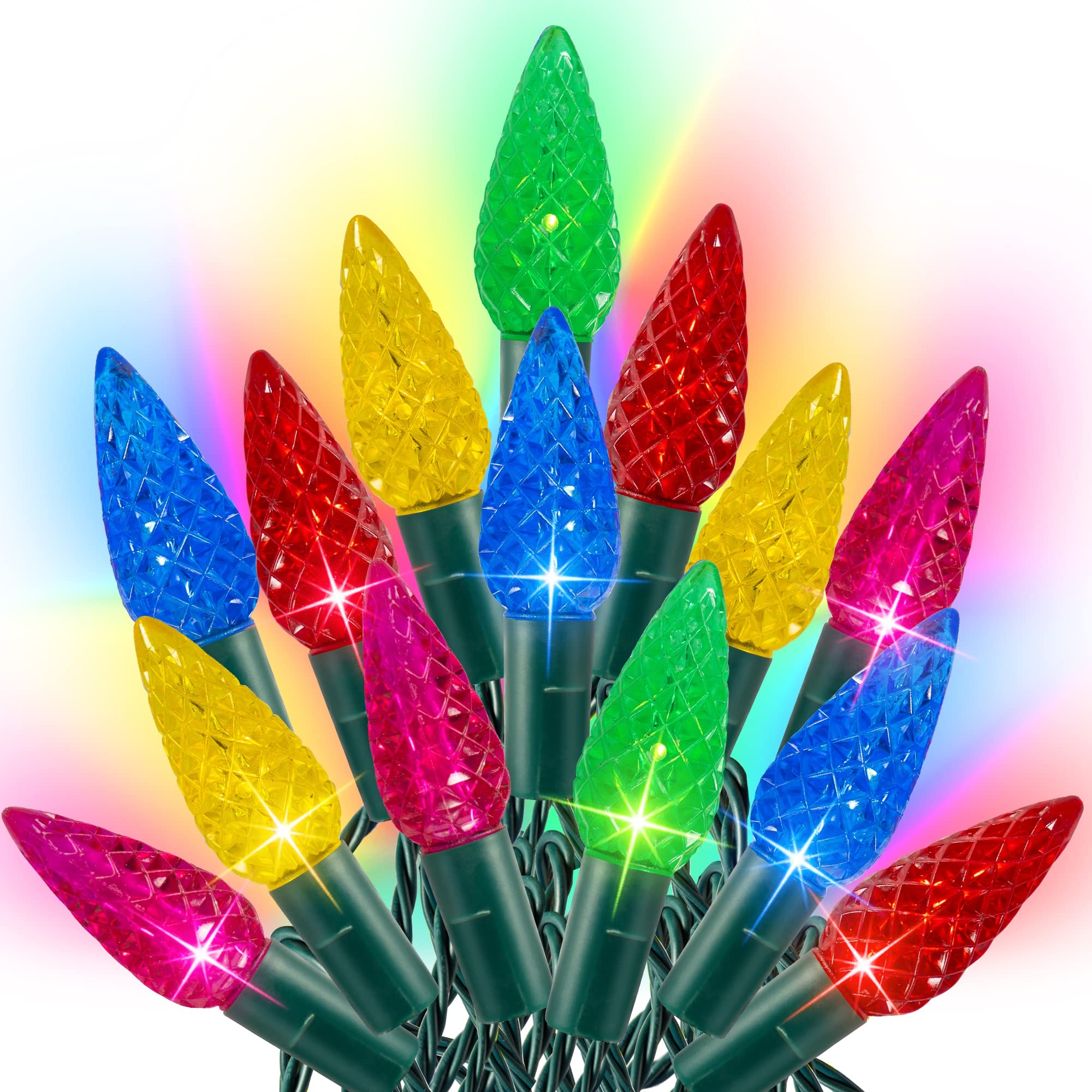 Dazzle Bright C6 string lights on a Christmas tree for indoor festive glow