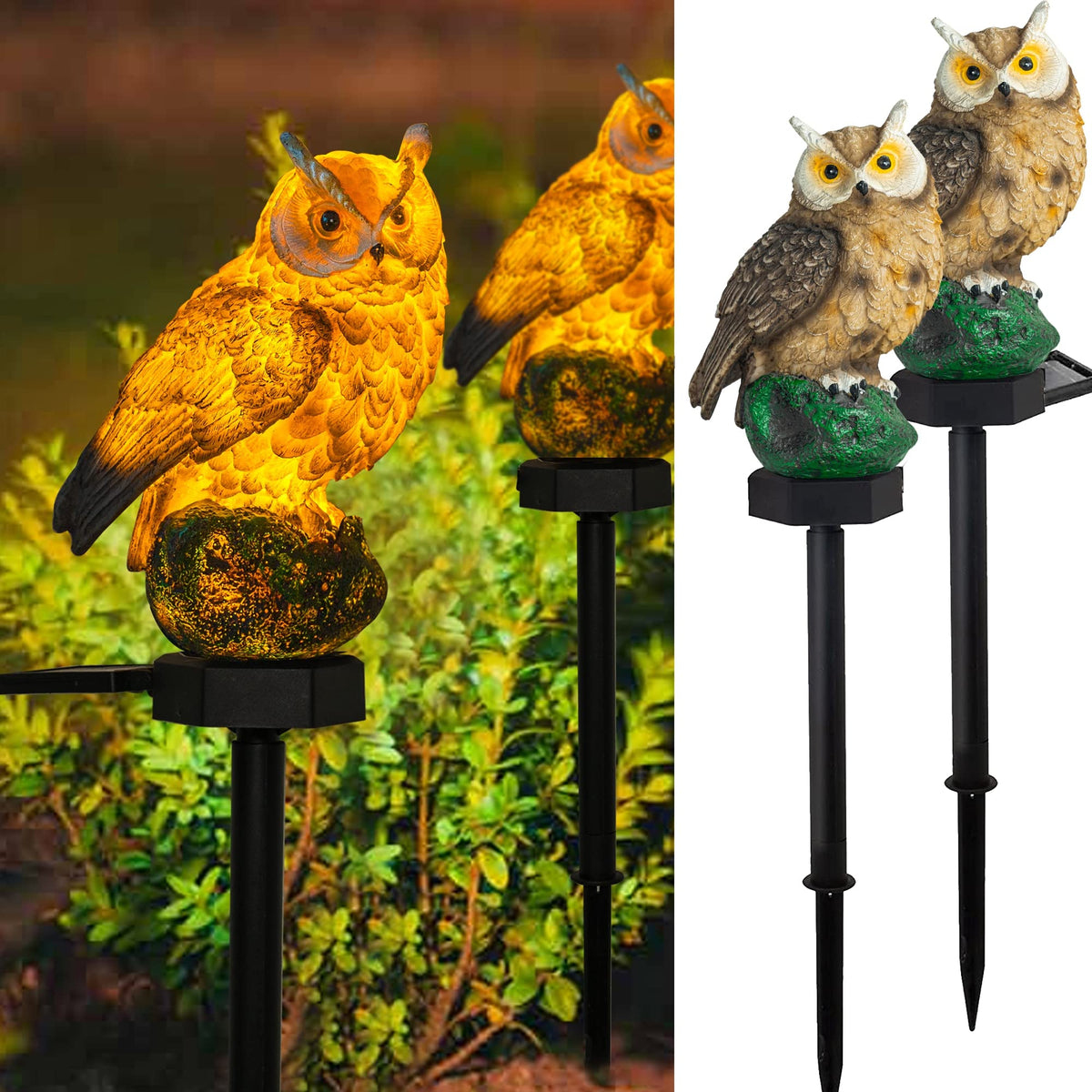 Dazzle Bright owl solar light on stake lighting a garden path at dusk
