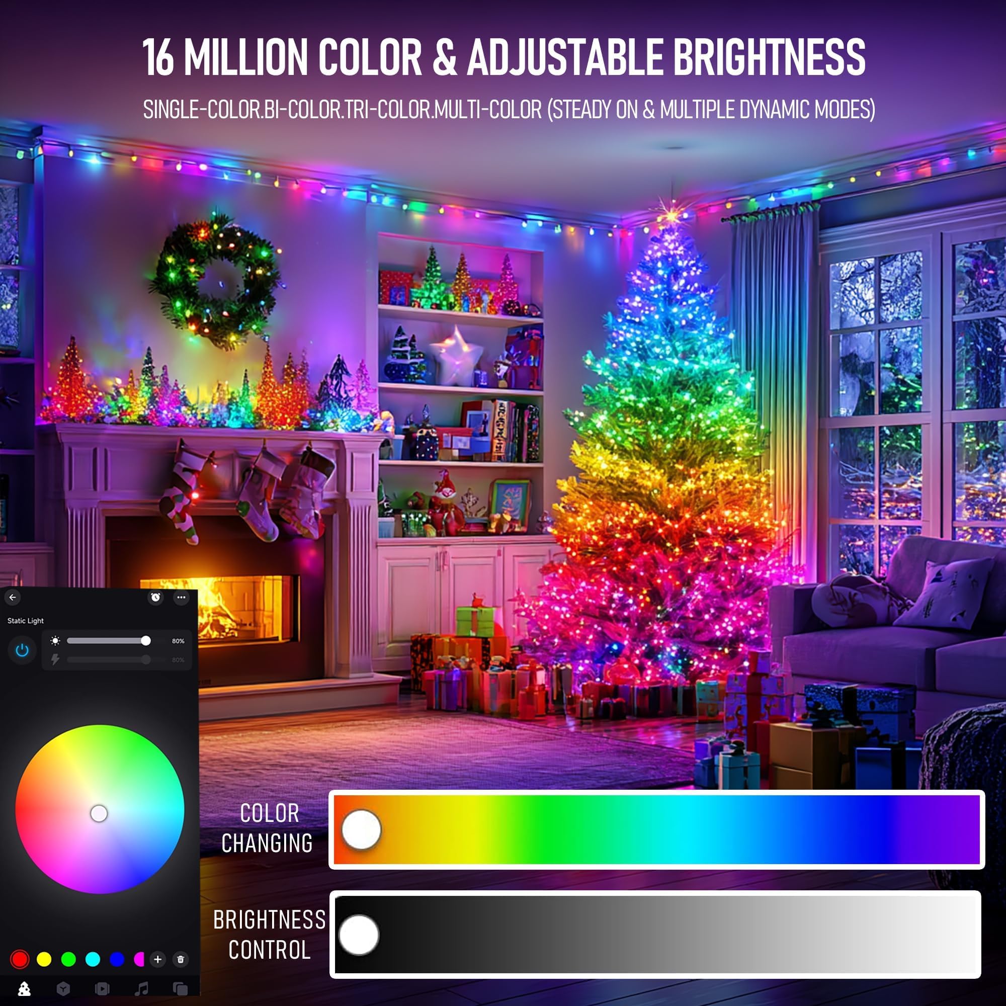 Dazzle Bright RGB color changing lights offer 16 million hues for customizable holiday ambience.