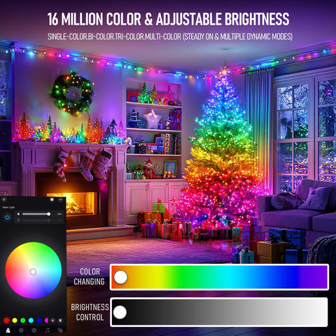 Dazzle Bright RGB color changing lights offer 16 million hues for customizable holiday ambience.