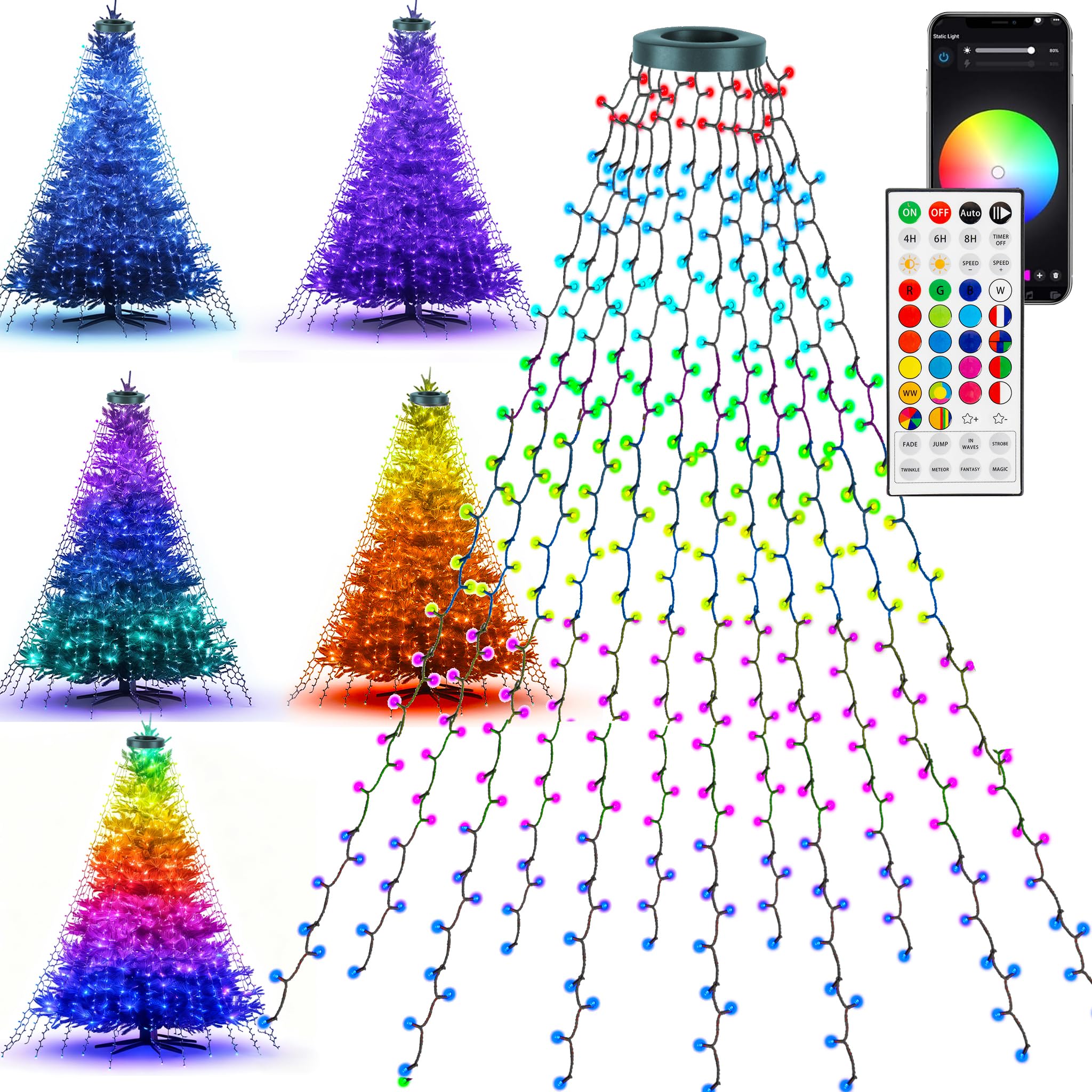 Dazzle Bright waterfall tree topper lights create cascading RGB colors for festive indoor displays.