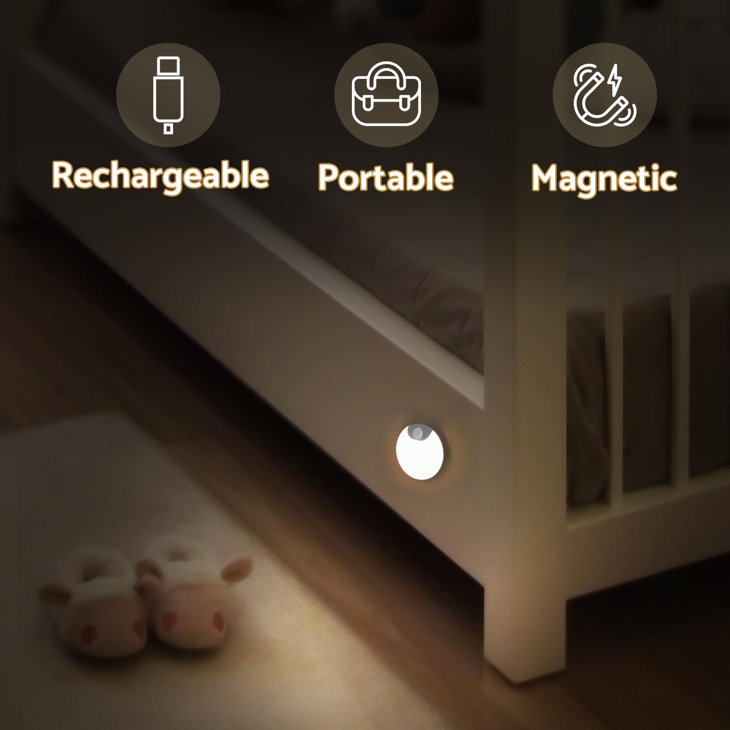 DAZZY DOT night light with magnetic base mounted on a wall for stairway illumination.