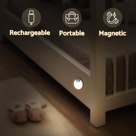 DAZZY DOT night light with magnetic base mounted on a wall for stairway illumination.