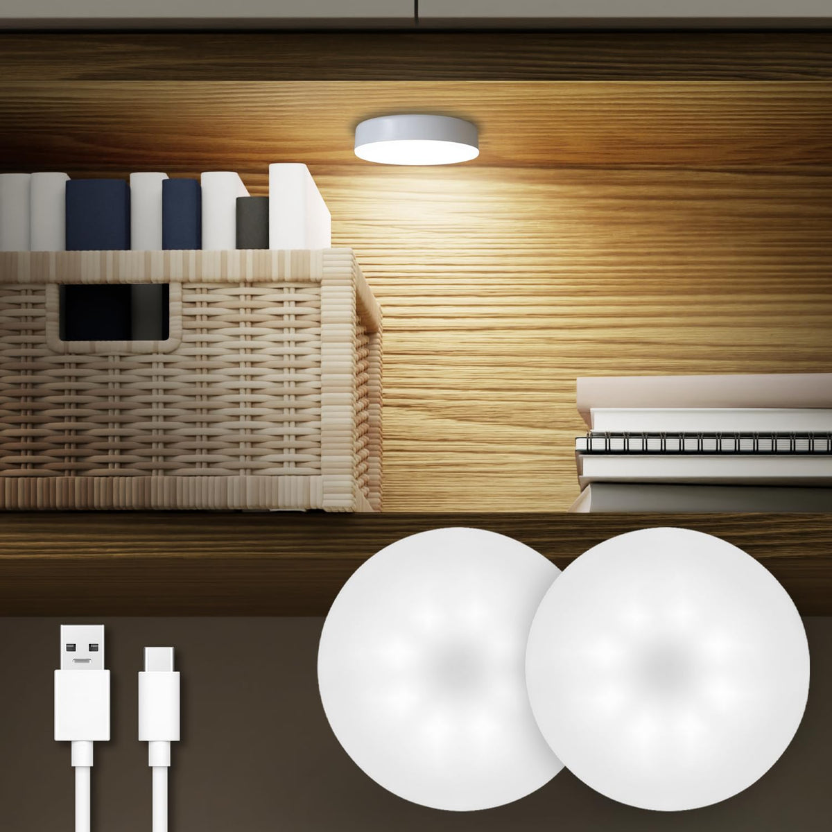DAZZY DOT rechargeable puck light in closet offering bright, even illumination for shelves.