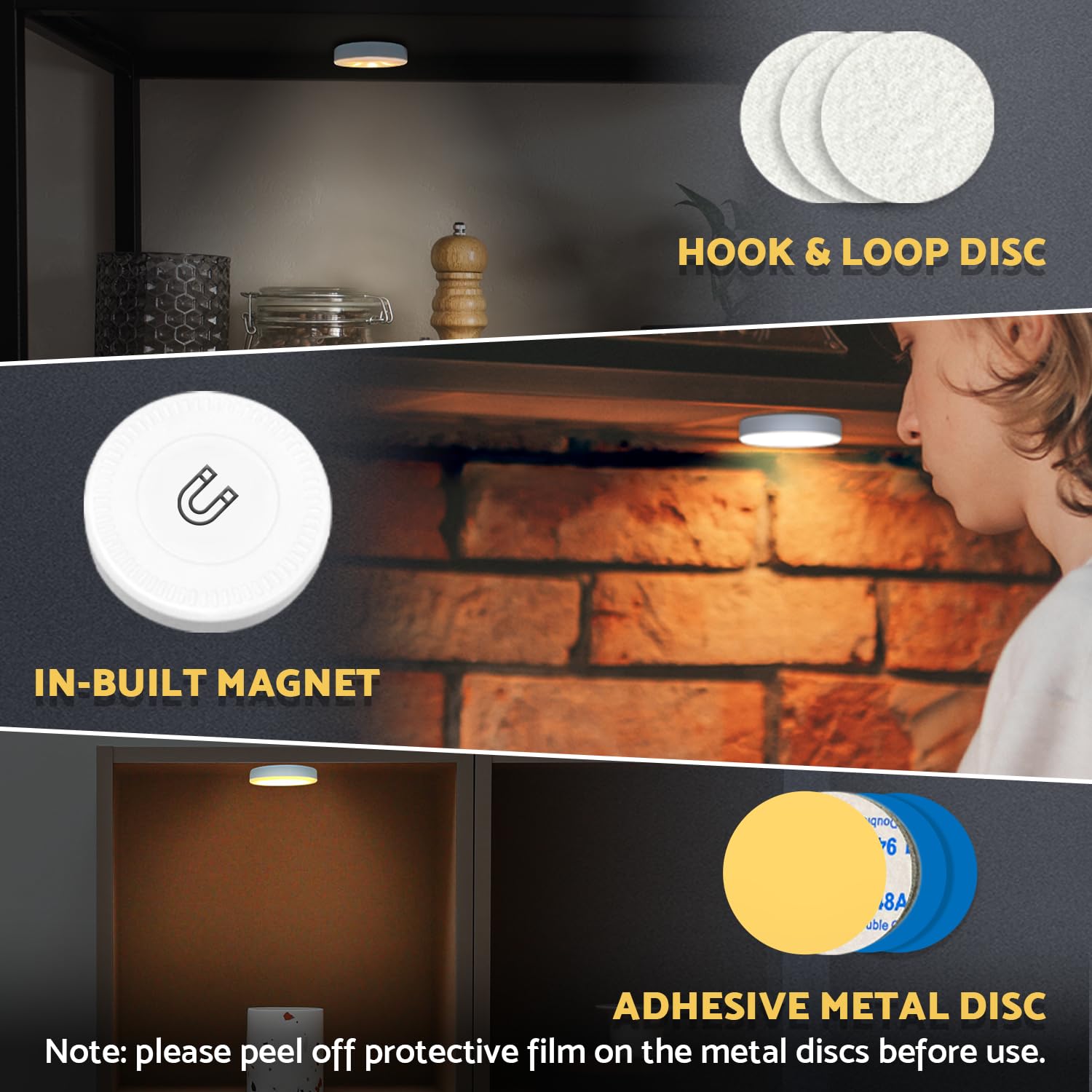 DAZZY DOT puck light mounted on shelf using magnetic and adhesive options