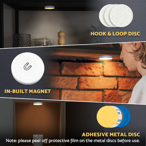 DAZZY DOT puck light mounted on shelf using magnetic and adhesive options