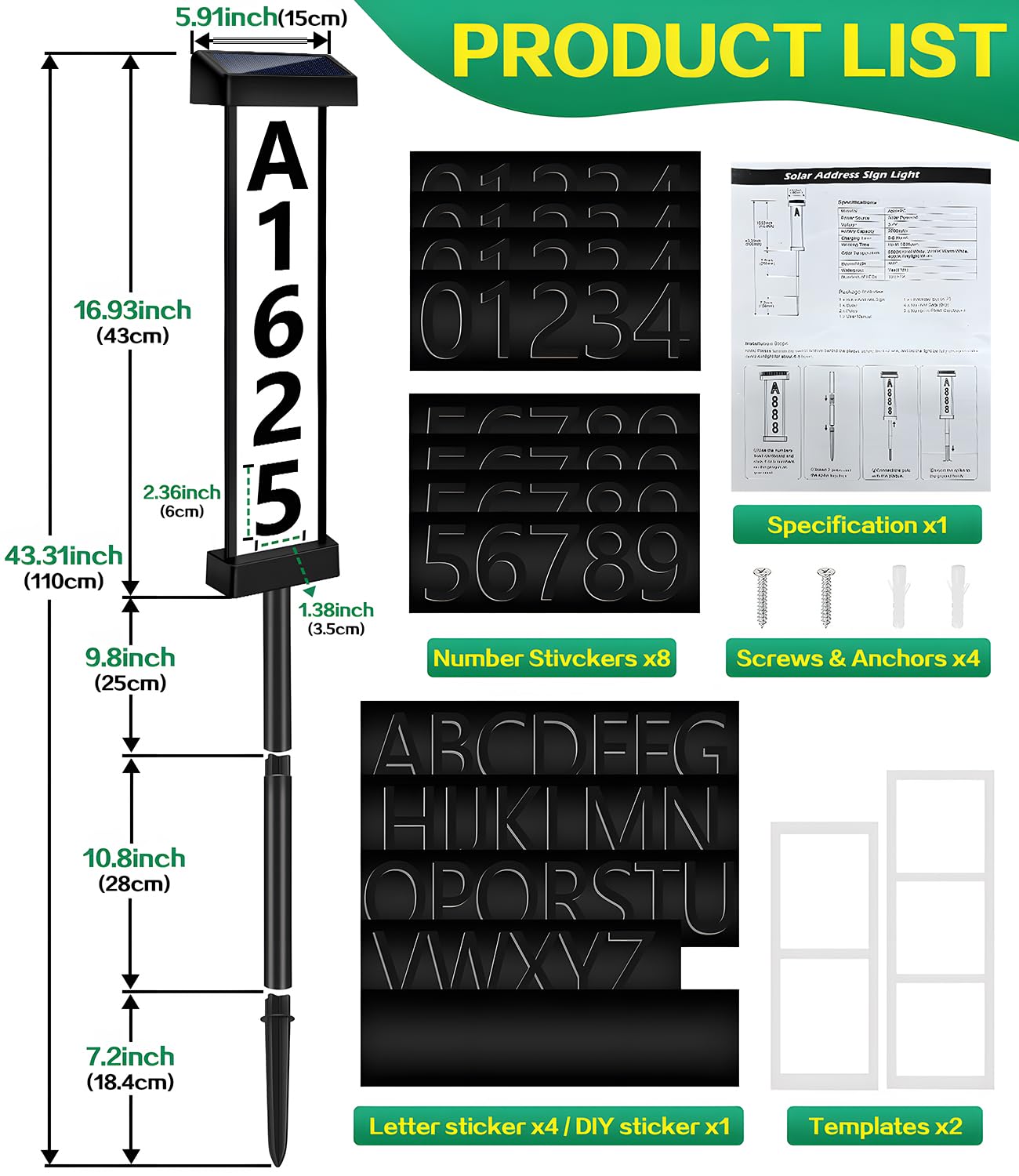 DBF solar address sign digits and letters assembly for 2–5 digit addresses.