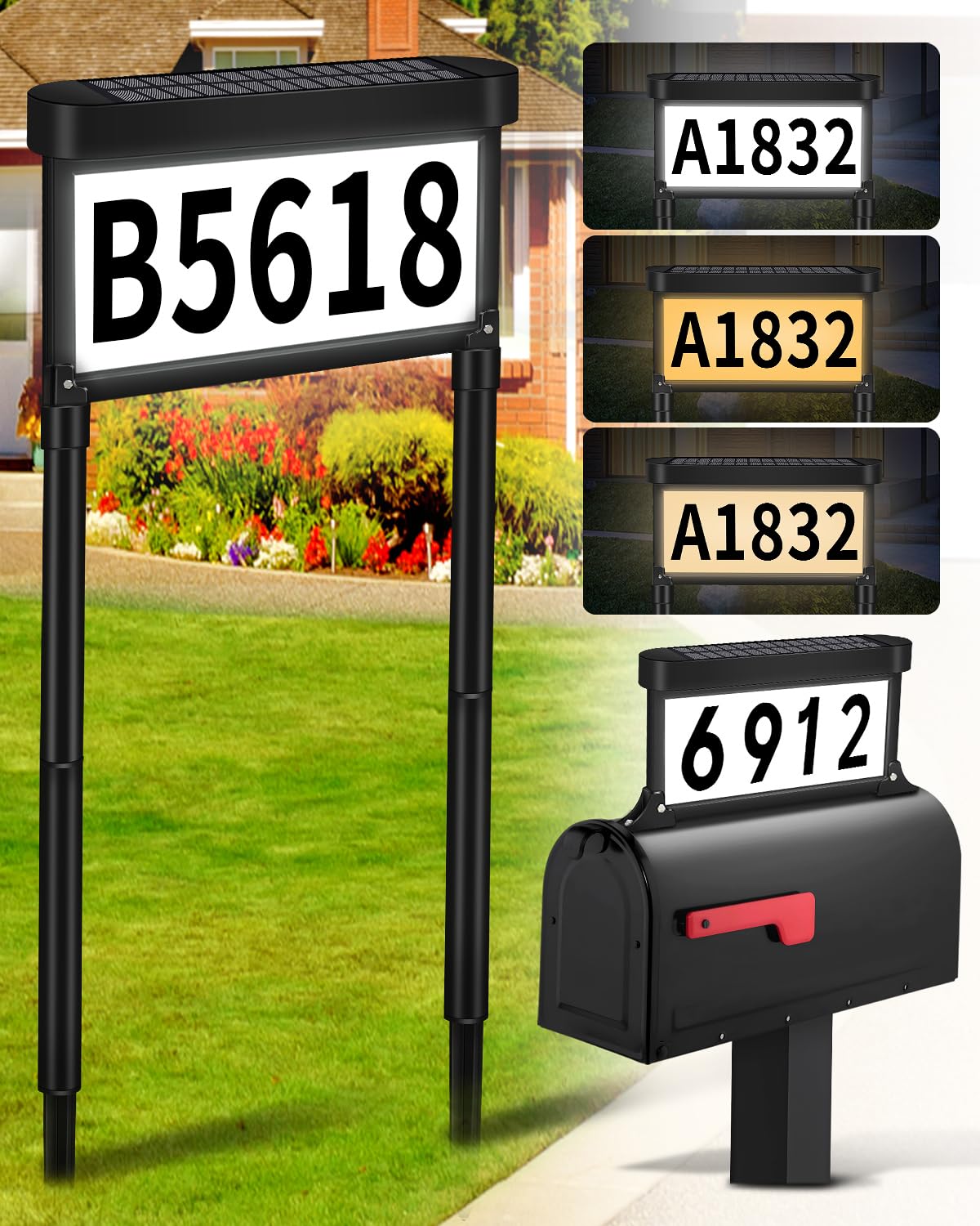 DBF solar address sign with dual-sided illumination for day and night visibility