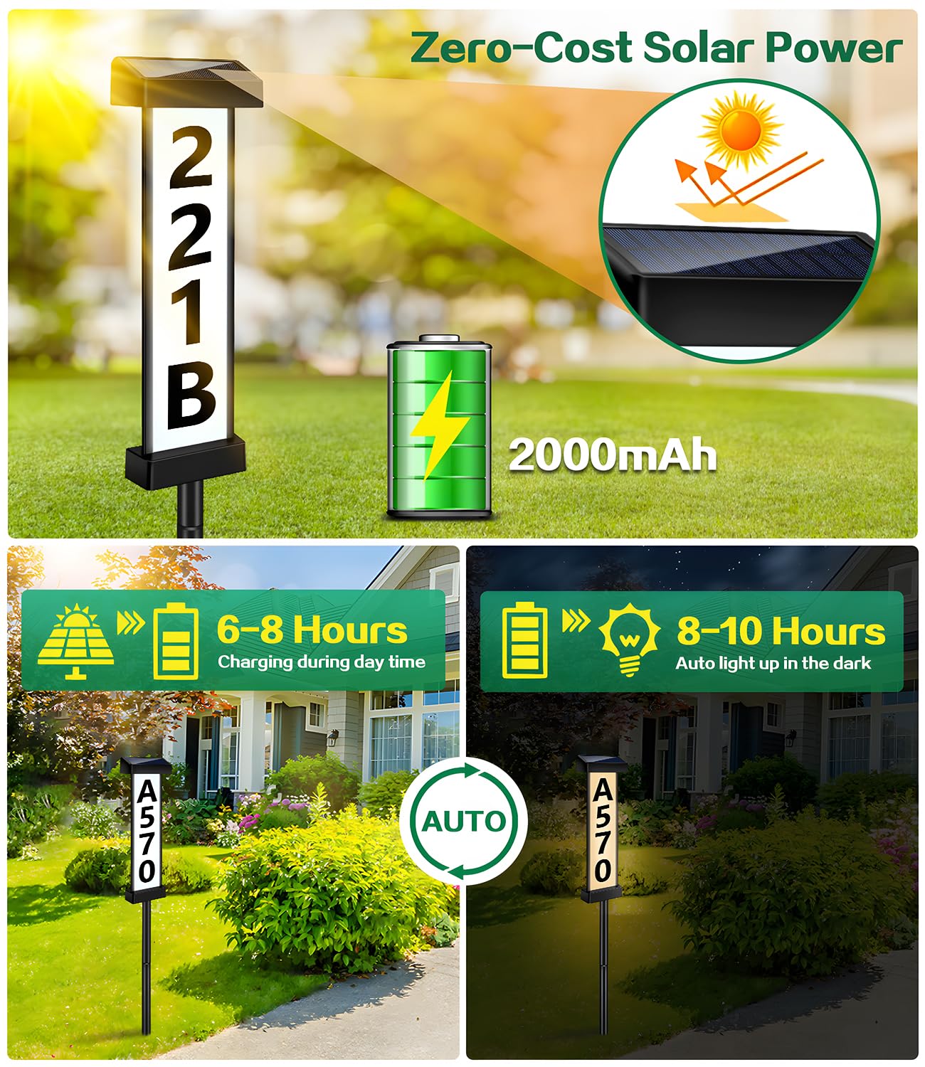 DBF solar address sign night-time visibility from curb to door.